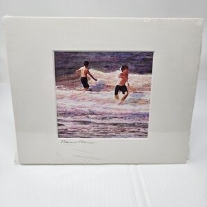 Artwork Print Boys In Surf Colorful Beach Scene Artist Signed In Mat